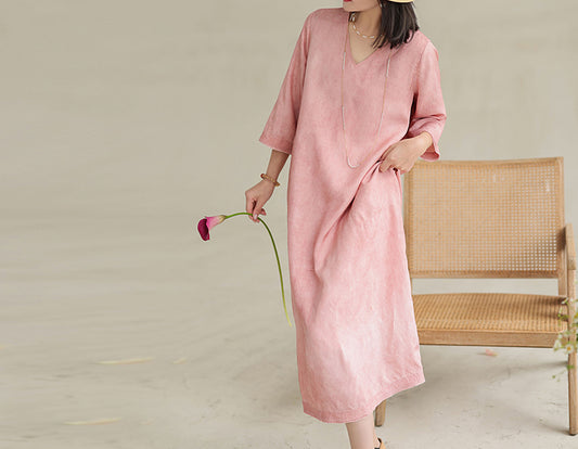 edoa Distressed Plant Dyed Tussah Silk V-neck Dress