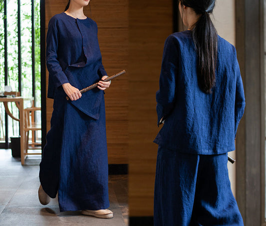 edoa Linen Long Sleeves Asymmetric Hemline Top