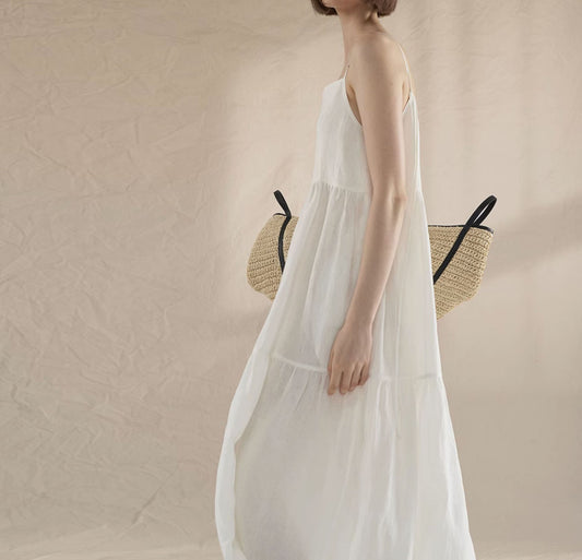 edoa White Linen Tiered Camisole Dress