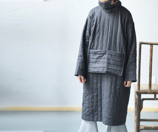edoa Linen Turtle Neck Quilted Pull-over Coat