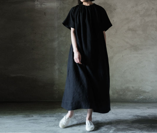 edoa Linen Gathering Neck A-line Tie Dress