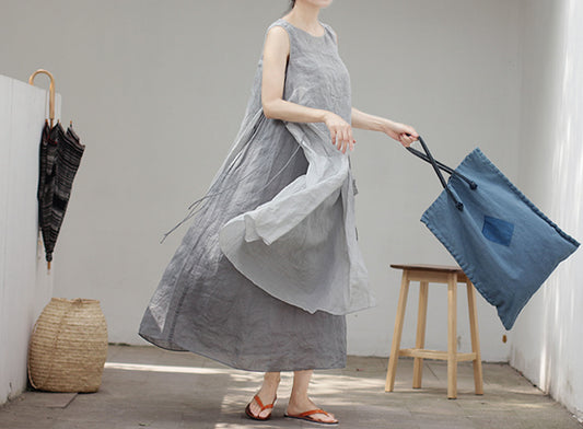 edoa Two Layer Ramie Long Sleeveless Dress