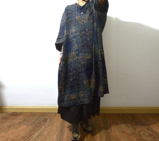 edoa Loose Fitting Printed Mud Silk V-neck Chinese Tunic