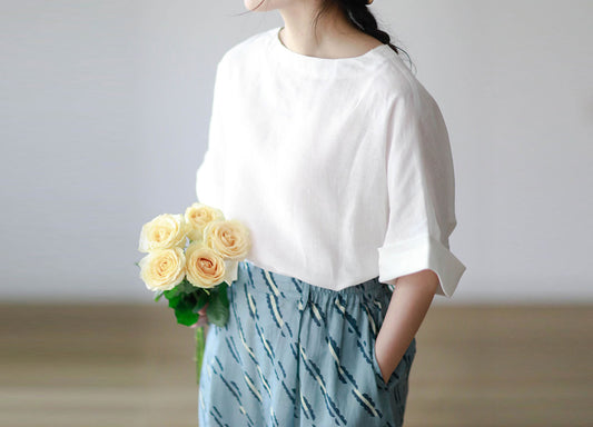 edoa Minimalist White Linen Top