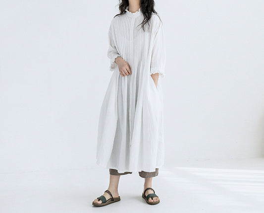 edoa High Counted Linen Pintucked Shirt Dress