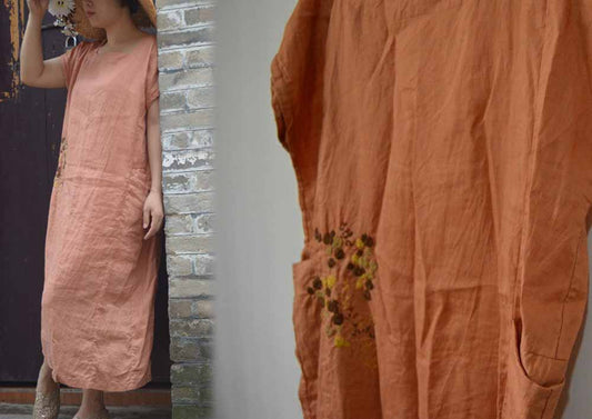 edoa Linen Dress with Hand Embroidery