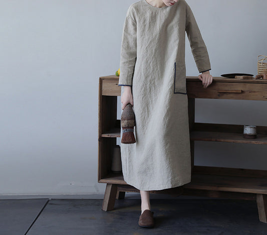 edoa Flax Linen Bracelet Sleeves A-line Dress