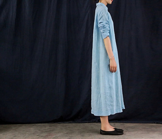 edoa Yarn Dyed Linen A Line Shirtdress