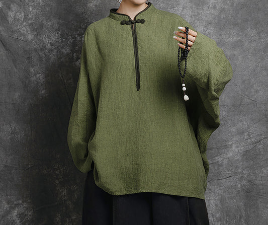 edoa Loose Yarn Dyed Linen Batwing Blouse