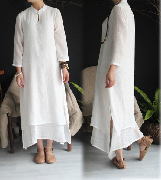 edoa Silk Linen Blend Ivory Qipao Dress