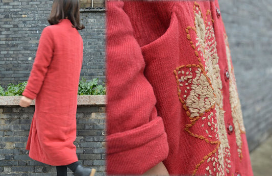 Twill Linen Padding Coat with Hand Embroidery co0209 446