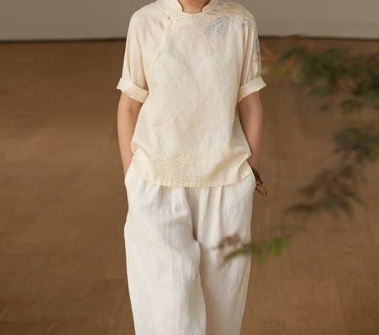 edoa Tussah Silk Hand Embroidery Chinese Blouse