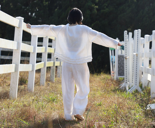 edoa White Linen Wide-leg Ruffled Resort Pants