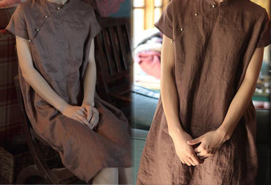 edoa Vintage Style Washed Linen Qipao