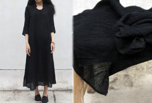 edoa Texture Linen Black Qipao Dress