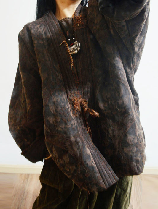 Mud Tussah Silk Jacquard Goose Down Chinese Coat co0187 X035