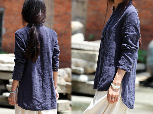 Stand Collar Washed Linen Cotton Blent Shirt to0272 166