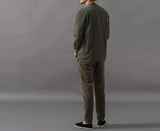 edoa Stand Collar Moss Green Washed Linen Shirt