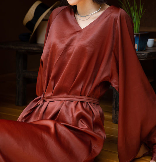 EDOA Mud Silk Satin V-Neck Kaftan Dress