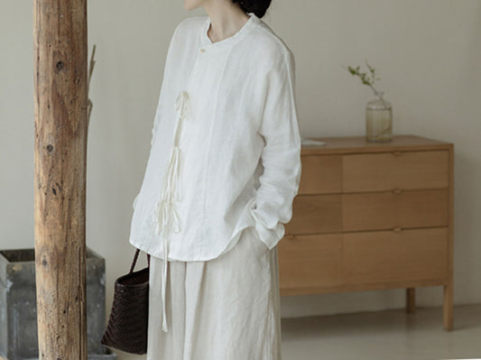 edoa Off White Linen Tie Blouse