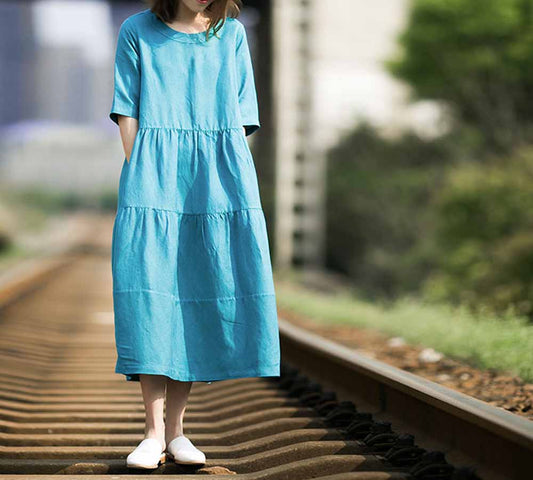 edoa Blue Summer Linen Dress