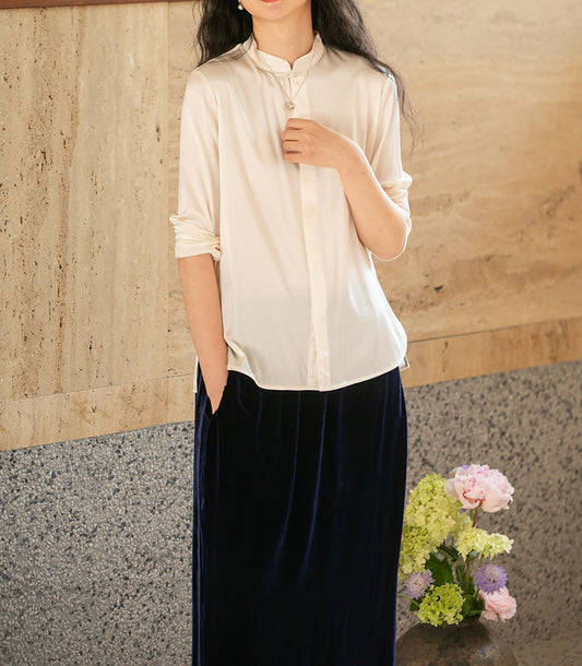edoa Stretch Silk Satin Chinese Blouse