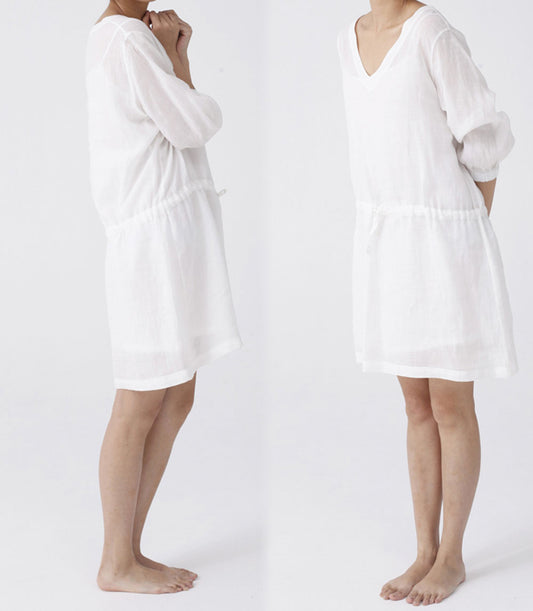 edoa Washed Ramie V-neck Bracelet Sleeve Dress