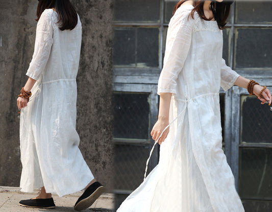 edoa Contrast Hand Stiched Detailed White Ramie Dress