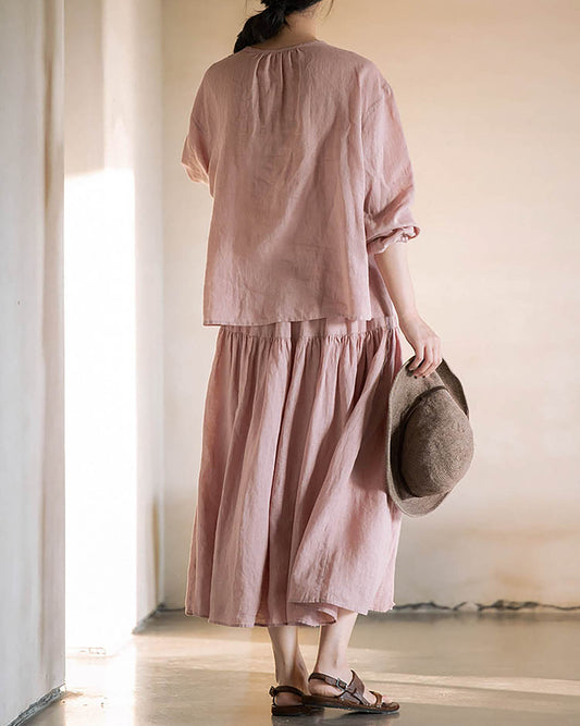 edoa Elastic Waist Linen Tiered Skirt