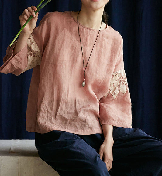 edoa Ramie Tee with Toned Dupioni Hand-sewn Applique'