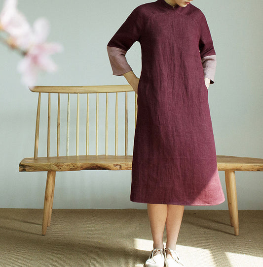 edoa Burgendy Two Tone Linen Modified Qipao