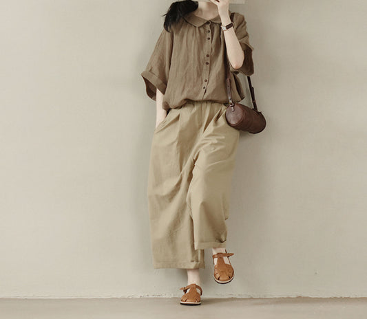 edoa Light Weight Linen Peter-pan Collar Shirt