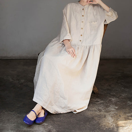 edoa Flax Linen Low-waist Wide Dress