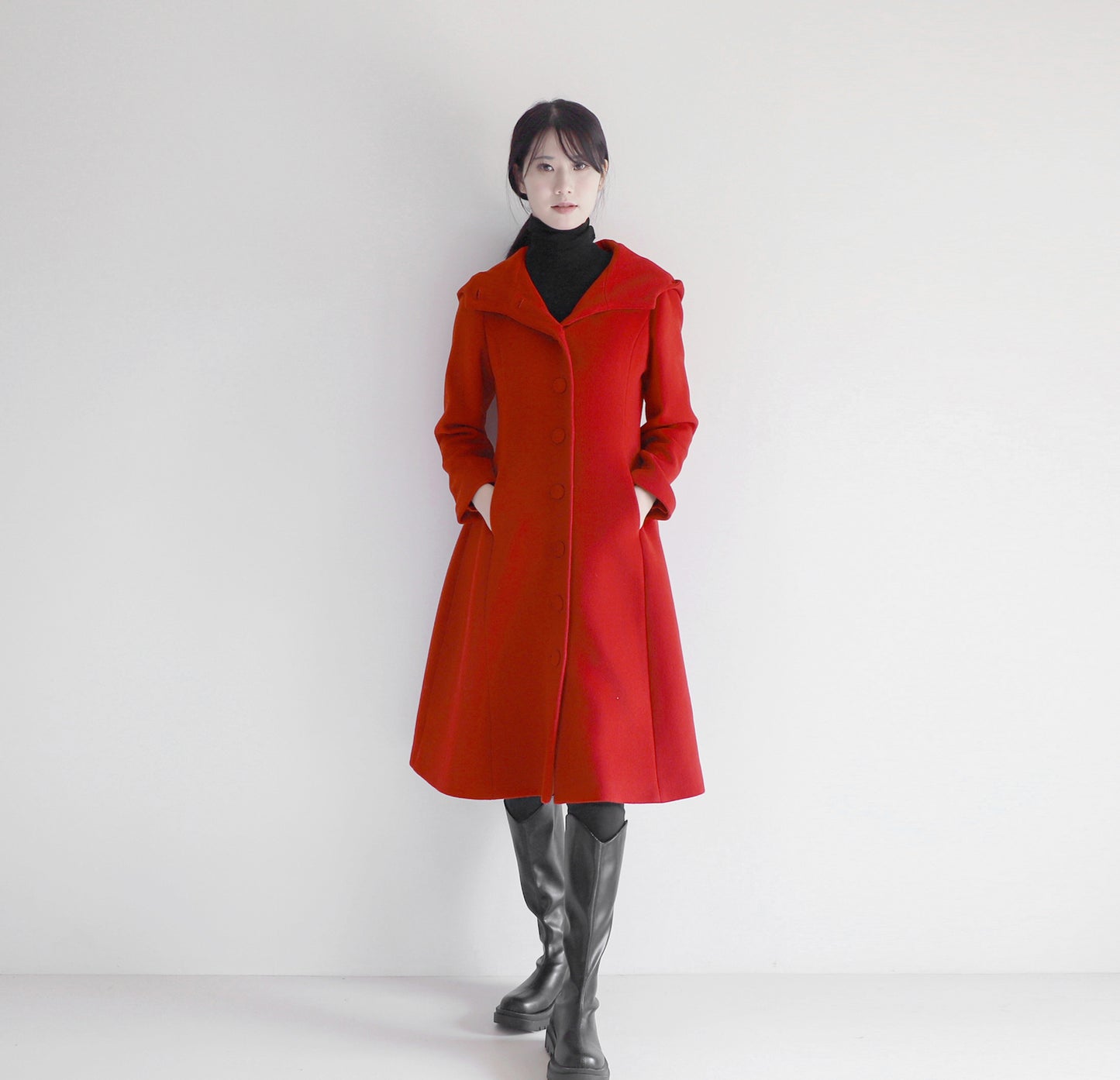 edoa red hooded merino wool coat