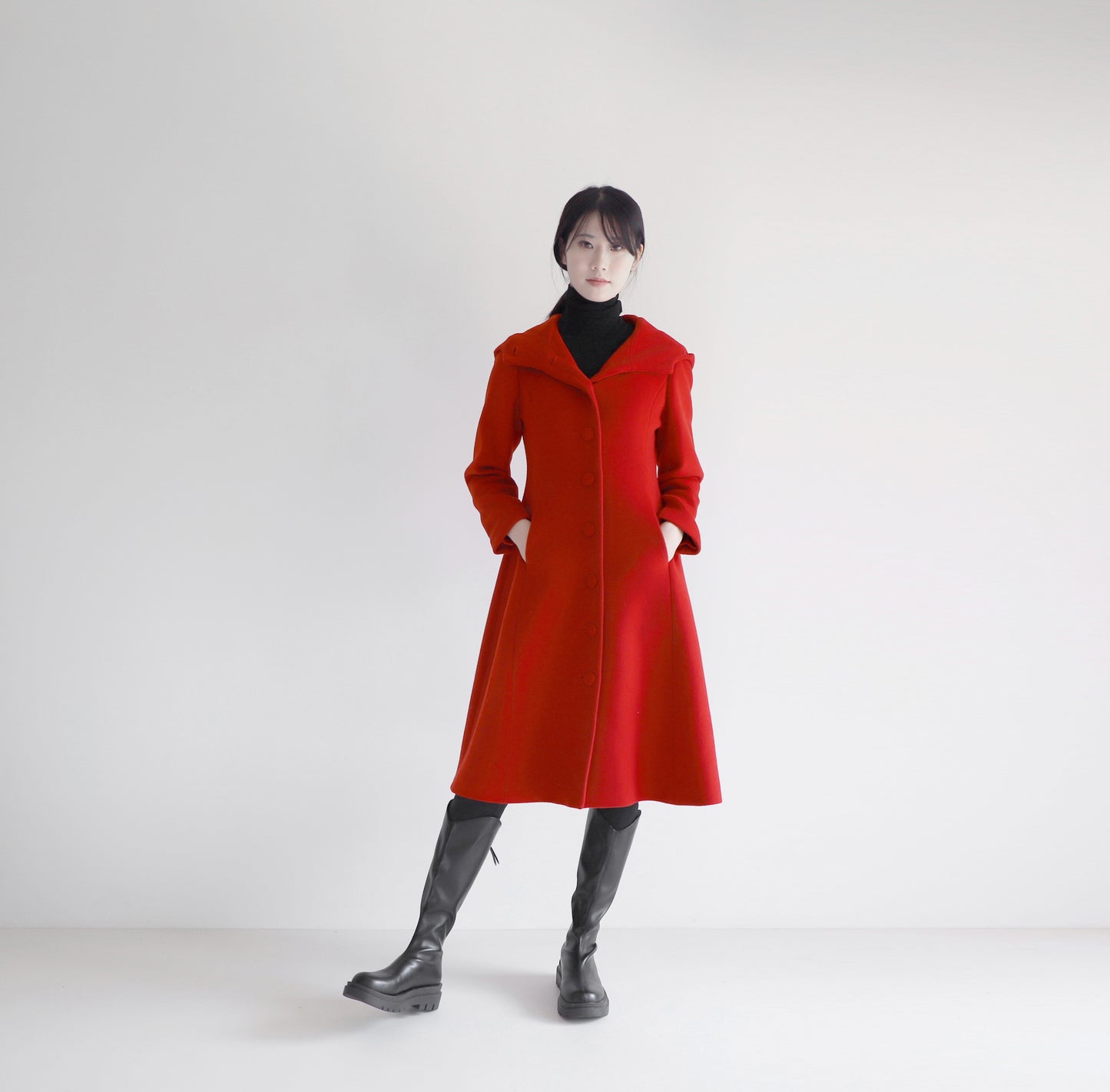 edoa red hooded merino wool coat