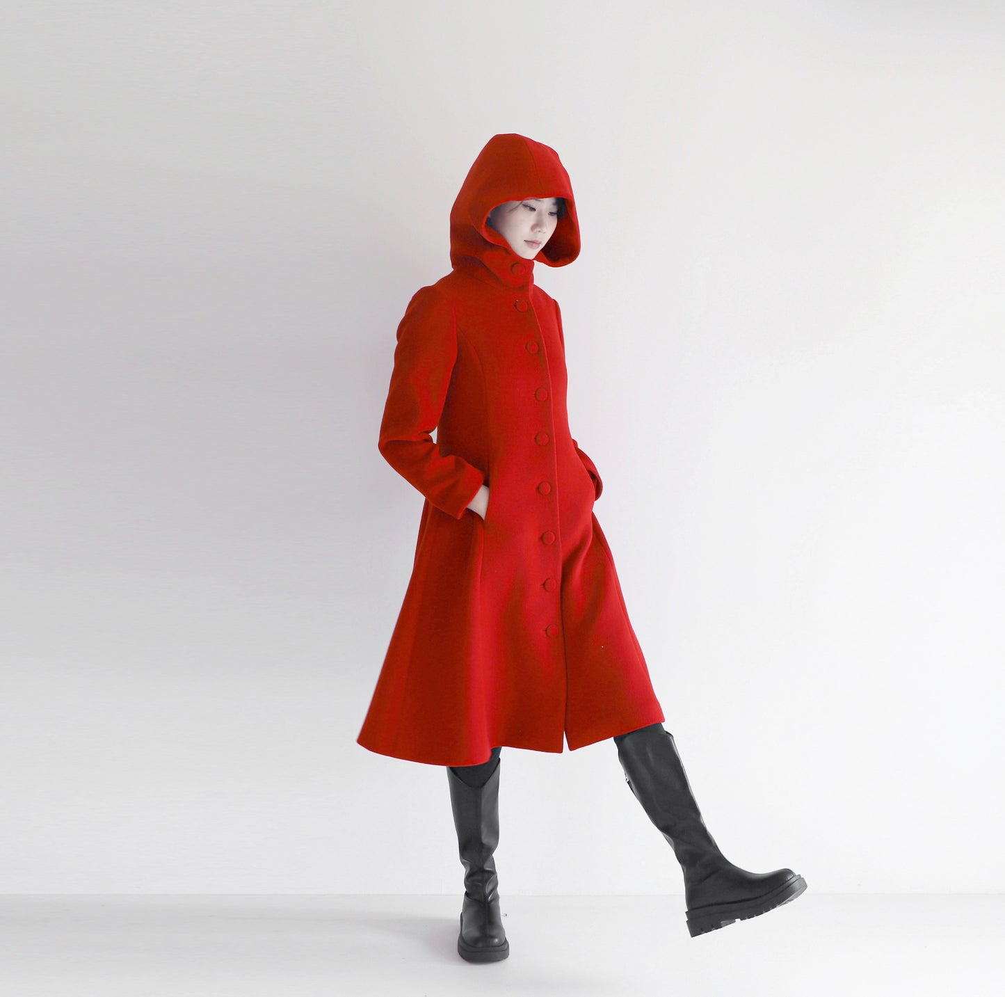 edoa red hooded merino wool coat