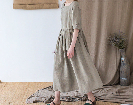 edoa Yarn dyed French Linen Square Neck Half Sleeve Dress