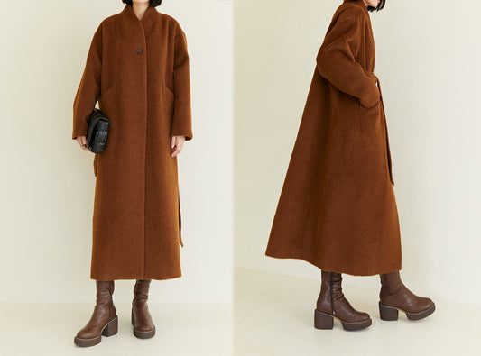 edoa Suri Alpaca V-neck Belted Wrap Maxi Coat