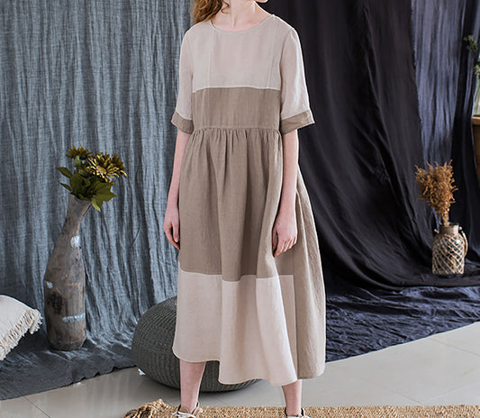 edoa Nordic Forest Series Linen Earth Tone Patchwork Half-Sleeve Dress