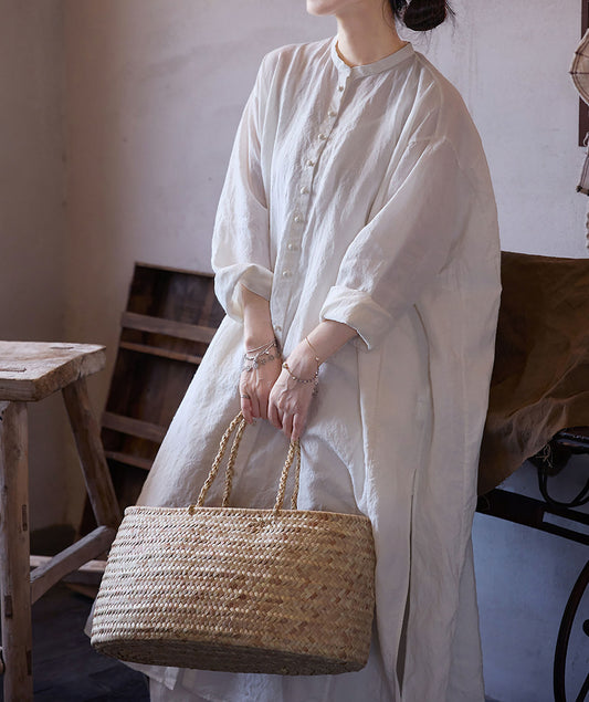 edoa Oversized White Washed Ramie Lightweight Chinese Button Down Shirt Dress