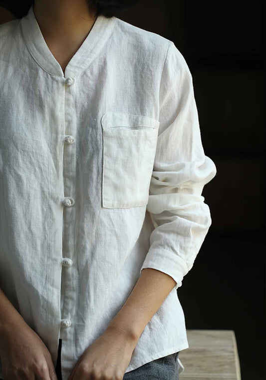 edoa Stand Collar Off White Linen Shirt
