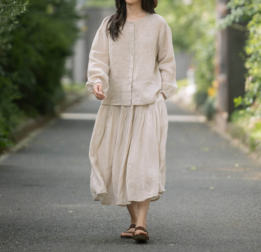 edoa Flax Linen Artist Blouse with Elastic Cuff