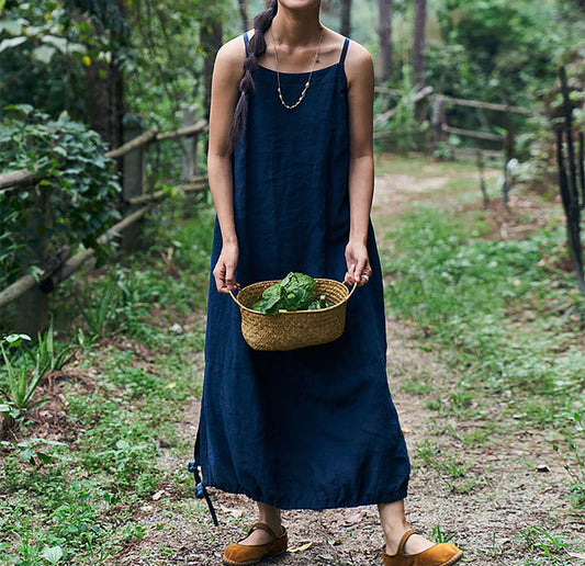 edoa Indigo Blue Linen Cocoon Shape Overall Dress