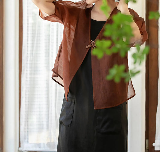 edoa Mud Silk Satin-organza Blazer with Dragonfly Button