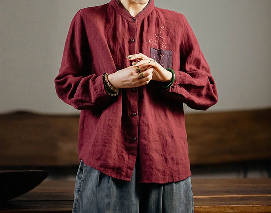 edoa Stand Collar Blouse with Hand Embroidery