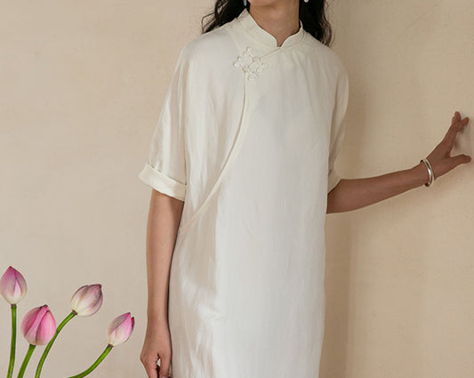 edoa Half Sleeves Silk Linen Blend Qipao