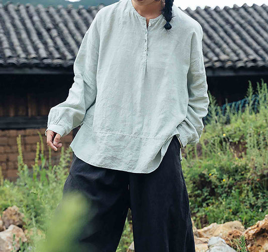 edoa Mint Green Linen Long Sleeve Artist Pullover Shirt