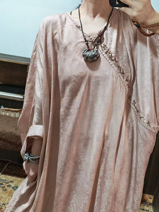edoa Dusty Pink Mulberry Silk Sakura Jacquard Chinese Blouse