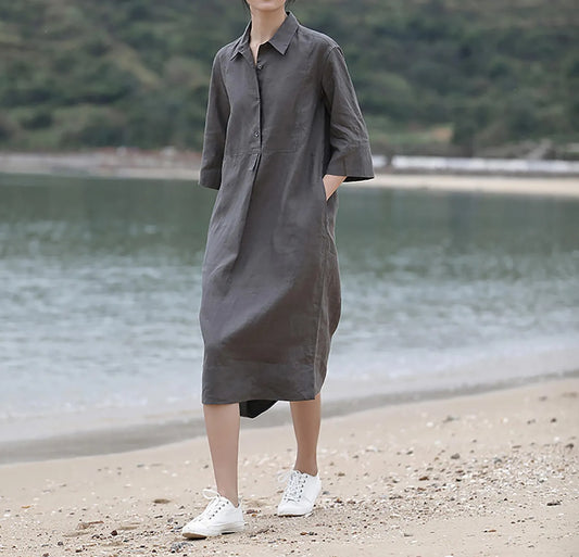 edoa Elegant Linen Midi Shirt Dress