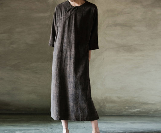 edoa Heavy Weight Mud Tussah Silk Curved Placket Spring Dress